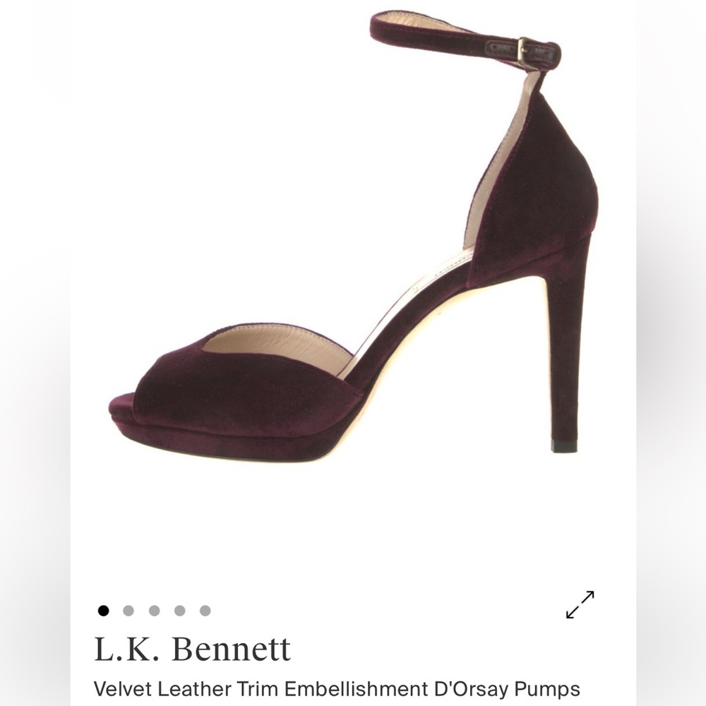 L. K. Bennett velvet peep toe pumps heels burgundy maroon gold hardware